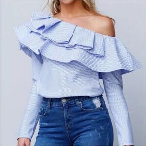 Luxe by Style Keepers Off The Shoulder Long Sleeve Top in Blue/White Stripe Sz M